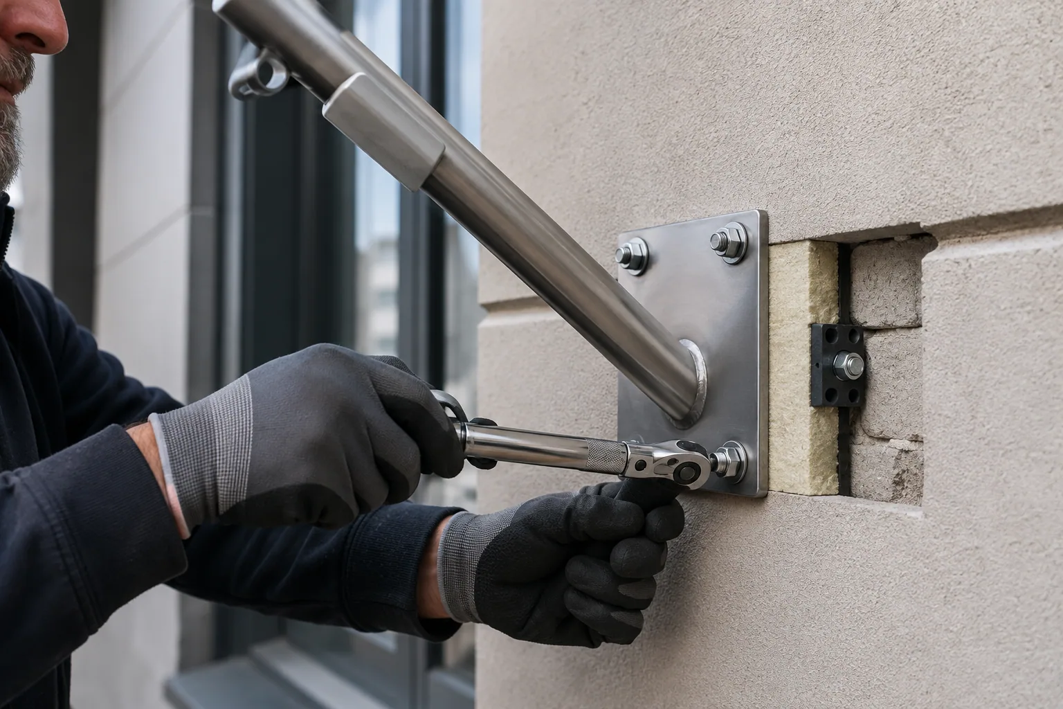 Instalator care fixează suportul de steag prin termoizolație în zidăria structurală