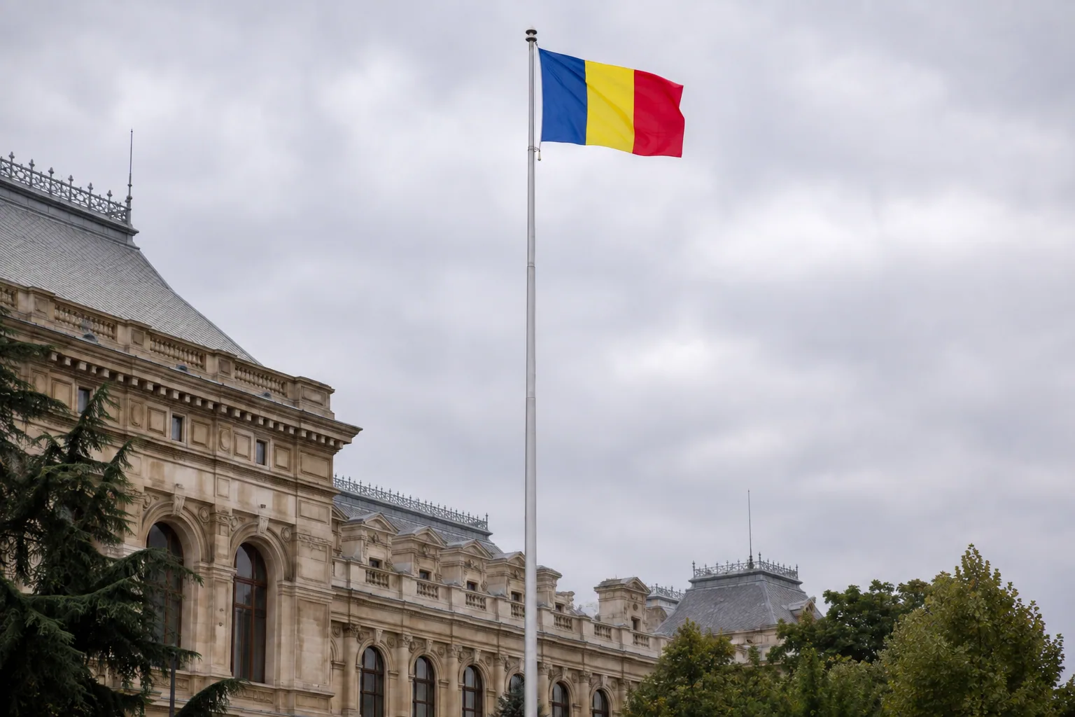 Drapelul României ridicat până în vârful catargului