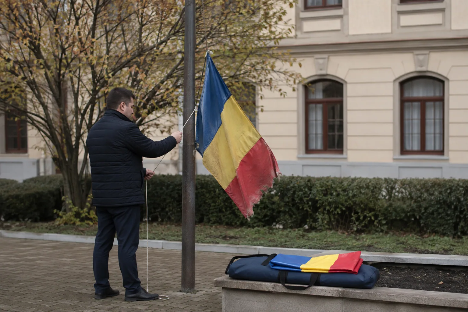 Administrator care coboară un drapel românesc uzat